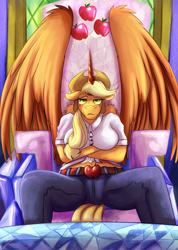 Size: 1244x1750 | Tagged: safe, alternate version, artist:jamescorck, derpibooru import, applejack, alicorn, anthro, alicornified, applecorn, applerack, breasts, clothes, crossed arms, hat, pants, race swap, shirt, sitting, solo, throne, twilight's castle