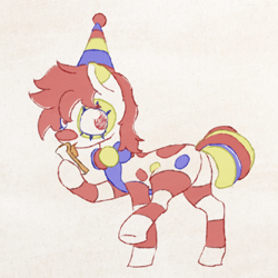 Size: 500x500 | Tagged: safe, derpibooru import, oc, oc only, earth pony, pony, bread, butt, clown, food, hat, licking, party hat, plot, simple background, solo, tongue, tongue out, wonder bread