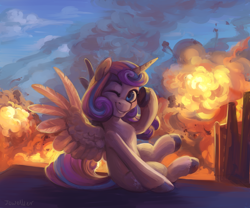 Size: 3600x3000 | Tagged: safe, alternate version, artist:jewellier, derpibooru import, princess flurry heart, alicorn, pony, city, cityscape, cloud, explosion, high res, looking at you, oda 1997, oda 997, older, older flurry heart, one eye closed, sitting, smoke, solo, spread wings, wings, wink, winking at you