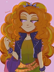 Size: 1536x2048 | Tagged: safe, artist:dreamz, derpibooru import, adagio dazzle, equestria girls, adoragio, bag, belt, clothes, cute, dress, female, hairband, handbag, jacket, leather, leather jacket, purple background, simple background, smiling, smirk, solo, spiked wristband, wristband