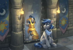 Size: 3470x2420 | Tagged: safe, artist:jewellier, derpibooru import, oc, oc only, earth pony, armor, castle, clothes, male, mirror, royal guard, scarf, sitting, stallion, torch