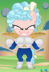 Size: 2600x3802 | Tagged: safe, artist:kuren247, derpibooru import, cozy glow, pegasus, pony, anime, armor, background, bipedal, crossover, dragon ball, dragon ball z, evil grin, female, filly, foal, grin, parody, reference to another series, saiyan armor, smiling, solo