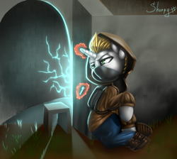 Size: 2772x2480 | Tagged: safe, artist:d3f4ult_4rt1st, artist:sharpy, derpibooru import, oc, oc only, pony, unicorn, glowing, glowing horn, horn, magic, s.t.a.l.k.e.r., stalker, telekinesis, unicorn oc, video game