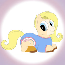Size: 1280x1280 | Tagged: safe, artist:soulless_76, derpibooru import, oc, oc only, pony, blonde, blonde hair, diaper, lying down, male, non-baby in diaper, onesie, smiling, solo, stallion