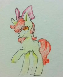 Size: 838x1024 | Tagged: safe, artist:mr_lemo_fuck, derpibooru import, apple bloom, earth pony, pony, female, filly, foal, raised hoof, raised leg, solo, traditional art