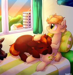 Size: 2818x2894 | Tagged: safe, artist:auroramint, derpibooru import, oc, oc only, oc:mellow murmur, oc:shining star, pony, unicorn, bed, colt, cute, foal, gay, love, male, pillow, stallion, window