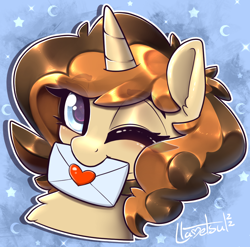 Size: 1090x1078 | Tagged: safe, artist:llametsul, derpibooru import, oc, oc only, oc:creme cookie, pony, unicorn, colored, cute, female, letter, looking at you, mare, mouth hold, one eye closed, solo, white outline, wink, winking at you