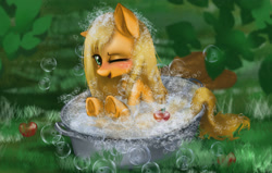 Size: 3000x1913 | Tagged: safe, artist:polnocnykot, derpibooru import, applejack, earth pony, pony, bath, bubble, cute, jackabetes, one eye closed, solo, summer