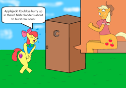 Size: 1584x1100 | Tagged: artist needed, safe, derpibooru import, apple bloom, applejack, anthro, earth pony, bow, crossed legs, desperation, implied pooping, need to pee, outhouse, potty emergency, potty time, watersports