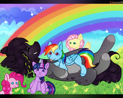 Size: 1624x1300 | Tagged: safe, artist:liannell, derpibooru import, fluttershy, pinkie pie, rainbow dash, twilight sparkle, twilight sparkle (alicorn), oc, oc:grisial, alicorn, pony, plushie, rainbow