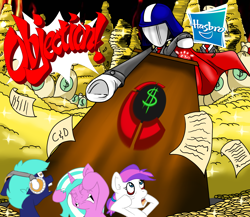 Size: 1152x1000 | Tagged: safe, artist:jerrid120, derpibooru import, oc, oc only, earth pony, pony, unicorn, ace attorney, angry joe, bag, bronycon, bronycon 2016, cape, cease and desist, clothes, coin, corporate commander, covering eyes, dollar sign, ears, eyes closed, fire, floppy ears, frog (hoof), hasbro, headphones, helmet, horn, looking up, lucifer hasbro, money, money bag, objection, pointing, ponified, scared, scroll, shocked, smiling, sparkles, text, underhoof
