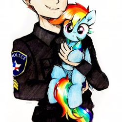 Size: 2502x2502 | Tagged: safe, artist:liaaqila, derpibooru import, rainbow dash, human, pegasus, pony, eye clipping through hair, high res, holding a pony, police, signature, simple background, traditional art, white background