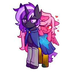 Size: 2500x2500 | Tagged: safe, artist:fuzzystarart, derpibooru import, oc, oc only, oc:hearts slots, oc:psithyra, changeling, pegasus, changeling oc, clothes, commission, cute, lying down, lying on top of someone, one sided shipping, pegasus oc, pink eyes, pink hair, pink mane, purple eyes, purple hair, purple mane, shipping, simple background, transparent background, wholesome