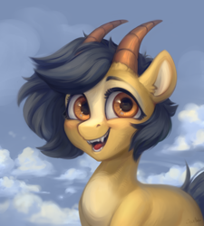 Size: 1800x2000 | Tagged: safe, artist:jewellier, derpibooru import, oc, oc only, original species, pony, bust, cloud, fangs, happy, horn, looking at you, multiple horns, portrait, solo