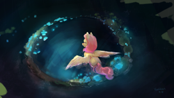Size: 3372x1897 | Tagged: safe, artist:rainsketch, derpibooru import, fluttershy, pegasus, pony, eyes closed, featured image, female, mare, overhead view, pink mane, pink tail, signature, solo, spread wings, swimming, water, wings, yellow coat