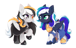 Size: 3923x2500 | Tagged: safe, artist:vallionshad, derpibooru import, oc, oc only, oc:flaming dune, oc:storm cloud river's, pegasus, pony, blushing, cloak, clothes, cute, dress, duo, duo female, eyeshadow, female, folded wings, freckles, full body, green eyes, heterochromia, looking at each other, looking at someone, makeup, mare, multicolored mane, multicolored tail, oc x oc, pegasus oc, raised hoof, raised leg, shipping, shoes, simple background, smiling, smiling at each other, tail, transparent background, wings
