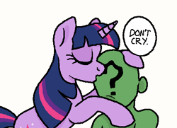 Size: 486x352 | Tagged: safe, artist:anonymous, ponerpics import, twilight sparkle, unicorn twilight, oc, oc:anon, human, pony, unicorn, comforting, dialogue, drawthread, eyes closed, female, kiss on the head, kissing, male, mare, requested art, sad, simple background, speech bubble, white background