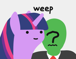 Size: 991x772 | Tagged: safe, artist:2merr, ponerpics import, twilight sparkle, unicorn twilight, oc, oc:anon, human, unicorn, :), blob ponies, bully, bullying, clothes, dialogue, dot eyes, drawthread, female, frown, gray background, male, mare, sad, simple background, smiley face, smiling, suit