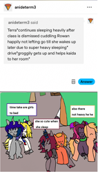 Size: 1177x2065 | Tagged: safe, artist:ask-luciavampire, derpibooru import, oc, changeling, dracony, dragon, earth pony, hybrid, kirin, pony, undead, vampire, vampony, ask, kirin oc, sleeping, tumblr