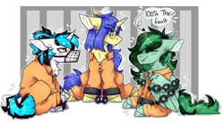 Size: 2773x1525 | Tagged: safe, artist:heart-sketch, artist:heartsketch1, derpibooru import, oc, oc only, oc:eden shallowleaf, oc:flawless ice, oc:logical leap, pegasus, unicorn, amputee, bound wings, clothes, cuffed, glasses, grumpy, horn, muzzle, pegasus oc, prison outfit, prisoner, prosthetic limb, prosthetics, robotic legs, sad, unicorn oc, wings