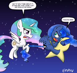 Size: 1200x1144 | Tagged: safe, artist:empyu, derpibooru import, princess celestia, princess luna, alicorn, pony, 45 minute art challenge, angry, argument, duo, ethereal mane, female, mare, night, open mouth, royal sisters, sibling rivalry, siblings, sisters, speech bubble, starry mane, starry tail, stars, tail, tangible heavenly object
