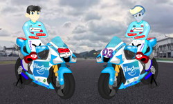 Size: 688x416 | Tagged: safe, artist:aryatheeditor, artist:mazakbar567, derpibooru import, oc, oc only, oc:bouraq, oc:velodash, equestria girls, clothes, hasbro, hasbro logo, jacket, logo, motogp, motorcycle, motorsport, race, racing, racing suit, sitting