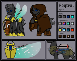 Size: 3526x2790 | Tagged: safe, derpibooru import, oc, oc only, oc:peytral, changeling, armor, augmented, changeling oc, cloak, clothes, cybernetic wings, fantasy class, force field, knight, nighthaze, nonbinary, paladin, reference sheet, royal guard armor, shield, warrior, wings