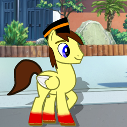 Size: 768x768 | Tagged: safe, artist:mazakbar567, derpibooru import, oc, oc only, oc:bouraq, pegasus, pony, blue eyes, brown hair, brown mane, cap, hat, male, red shoes, shadow, simple background, smiling, solo, street, tree, walking, walking away, wings