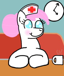 Size: 542x648 | Tagged: safe, derpibooru import, nurse redheart, booth, coffee mug, diner, mug, smiling