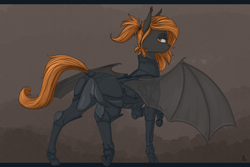 Size: 3000x2000 | Tagged: safe, artist:stray prey, derpibooru import, oc, oc only, oc:flare, bat pony, pony, armor, bat pony oc, featureless crotch, female, looking at you, looking back, looking back at you, mare, solo, spread wings, transparent wings