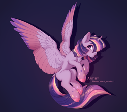 Size: 3000x2650 | Tagged: safe, artist:avroras_world, derpibooru import, twilight sparkle, twilight sparkle (alicorn), alicorn, pony, chest fluff, colored wings, female, long tail, looking away, mare, multicolored hair, multicolored wings, rainbow power, short mane, simple background, solo, tail, wings