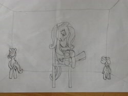 Size: 3968x2976 | Tagged: safe, derpibooru import, apple bloom, fluttershy, scootaloo, sweetie belle, earth pony, pegasus, pony, unicorn, 4chan, brush, chair, corner, discipline, female, filly, foal, hairbrush, mare, over the knee, paper, punishment, spanked, spanking, time out, traditional art