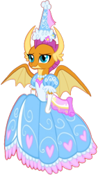 Size: 612x1083 | Tagged: safe, alternate version, artist:darlycatmake, derpibooru import, smolder, dragon, calm, clothes, cute, dragon wings, dragoness, dress, female, flower, flower in hair, froufrou glittery lacy outfit, gloves, happy, hat, hennin, jewelry, lidded eyes, long gloves, necklace, princess, princess smolder, relaxed, relaxed face, simple background, smiling, smirk, smolderbetes, solo, transparent background, wings