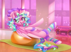 Size: 4096x3033 | Tagged: safe, artist:irinamar, derpibooru import, oc, oc only, pegasus, pony, boombox, exercise ball, music notes, solo