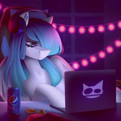 Size: 4096x4096 | Tagged: safe, artist:irinamar, derpibooru import, oc, oc only, pegasus, pony, computer, headphones, laptop computer, pepsi, soda, soda can, solo, string lights