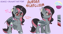 Size: 2758x1525 | Tagged: safe, artist:joaothejohn, derpibooru import, oc, oc:aurora nightgloom, bat pony, pony, bat pony oc, commission, cute, flower, glasses, reference sheet, simple background, text, tongue, tongue out, wings