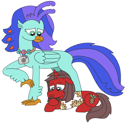 Size: 2673x2637 | Tagged: safe, artist:supahdonarudo, derpibooru import, oc, oc only, oc:ironyoshi, oc:sea lilly, classical hippogriff, hippogriff, unicorn, camera, clothes, jewelry, looking down, lying down, necklace, prone, sad, shirt, simple background, transparent background