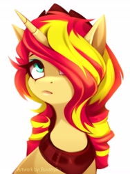 Size: 3072x4096 | Tagged: safe, artist:buvanybu, derpibooru import, sunset shimmer, pony, unicorn, bust, crown, hair over one eye, jewelry, peytral, regalia, simple background, solo, white background