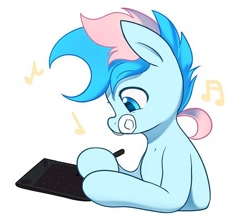 Size: 470x414 | Tagged: safe, artist:maren, derpibooru import, oc, oc only, oc:blue chewings, earth pony, pony, bust, drawing, drawing tablet, hoof hold, music notes, simple background, solo, white background