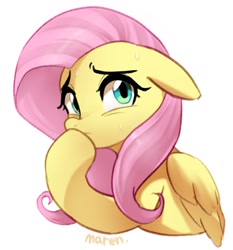 Size: 1229x1318 | Tagged: safe, artist:maren, derpibooru import, fluttershy, pegasus, pony, aside glance, bust, ears, female, floppy ears, hoof over mouth, looking at you, mare, nervous, simple background, solo, sweat, sweatdrops, white background