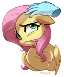 Size: 1408x1682 | Tagged: safe, artist:maren, derpibooru import, fluttershy, pegasus, pony, biting, bust, disembodied hand, ears, female, floppy ears, hair bite, hand, hooves to the chest, looking at something, looking sideways, mare, nervous, petting, simple background, solo, sweat, sweatdrops, white background