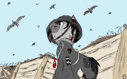 Size: 1235x768 | Tagged: safe, artist:zebra, ponerpics import, oc, oc only, bird, zebra, bandage, barbed wire, bleeding, blood, clothes, epaulettes, helmet, jacket, military, ms paint, pants, sky, soldier, solo, trench, uniform, zebra's war universe