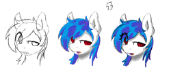 Size: 1392x606 | Tagged: safe, artist:zebra, ponerpics import, dj pon-3, vinyl scratch, pony, unicorn, bust, eye clipping through hair, female, mare, missing horn, ms paint, open mouth, portrait, raised eyebrow, simple background, solo, white background