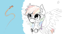 Size: 1262x676 | Tagged: safe, artist:zebra, ponerpics import, rainbow dash, scootaloo, pegasus, pony, clothes, ear fluff, ears, female, filly, flying, foal, goggles, happy, mare, ms paint, open mouth, partial color, scootaloo can fly, sky, spread wings, uniform, wings, wonderbolts uniform