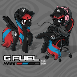 Size: 3000x3000 | Tagged: safe, artist:nyanakaru, oc, oc:g-fuel mare, pegasus, abstract background, black coat, blue mane, cap, cat headphones, clothes, commission, controller, crossed hooves, g-fuel, gamer, gaming chair, happy, headphones, hoodie, multicolored mane, multicolored tail, pegasus oc, raised hoof, raised leg, red mane, smug face, solo