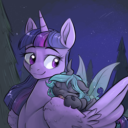 Size: 1000x1000 | Tagged: safe, artist:smirk, derpibooru import, queen chrysalis, twilight sparkle, twilight sparkle (alicorn), alicorn, changeling, pony, cute, duo, ears, fanfic art, floppy ears, foal, forest, night, shooting star, sleeping, stars