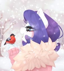 Size: 1024x1134 | Tagged: safe, artist:elektra-gertly, derpibooru import, rarity, bird, pony, unicorn, open mouth, snow, solo, winter