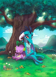 Size: 867x1200 | Tagged: safe, artist:whitediamonds, derpibooru import, princess ember, spike, dragon, dandelion, dragoness, duo, emberspike, eyes closed, female, holding hands, male, mushroom, shipping, smiling, straight, tree