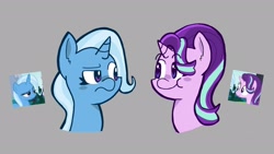 Size: 1920x1080 | Tagged: safe, artist:gobrosstar, derpibooru import, starlight glimmer, trixie, pony, unicorn, duo, raised eyebrow, scene interpretation, smiling, unamused