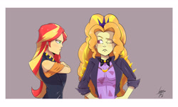 Size: 3300x1998 | Tagged: safe, artist:loganpg, derpibooru import, adagio dazzle, sunset shimmer, equestria girls, aside glance, crossed arms, duo, duo female, female, frown, hand on hip, looking at each other, looking at someone, looking at you, one eye closed, signature, simple background, sunset shimmer is not amused, unamused